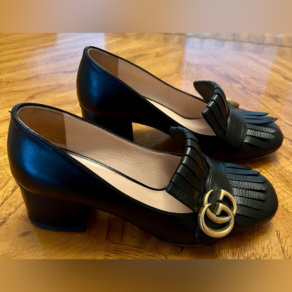 GUCCI 408208 Black Leather Fringe Marmont Loafer Pumps Shoes Size IT 36/US 6